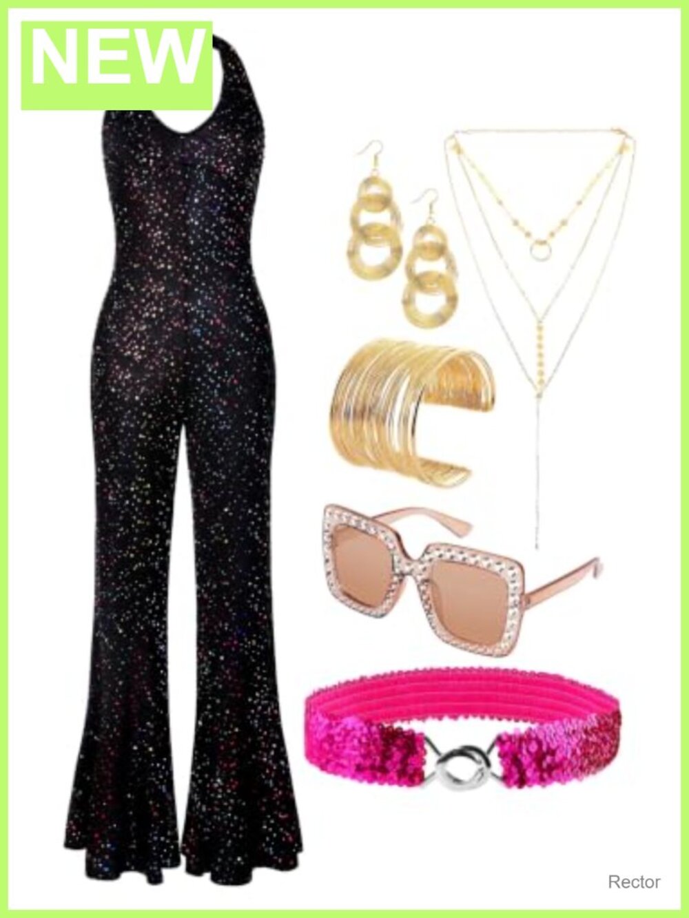 70s Disco Jumpsuit Costume Set Backless Sequin Flared Leg with Belt Jewelry
